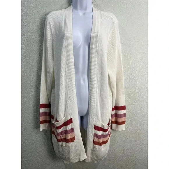 Torrid Red Stripe Open Front Cardigan Womens 2X Cream Knit Sweater Mid Length - Picture 1 of 10